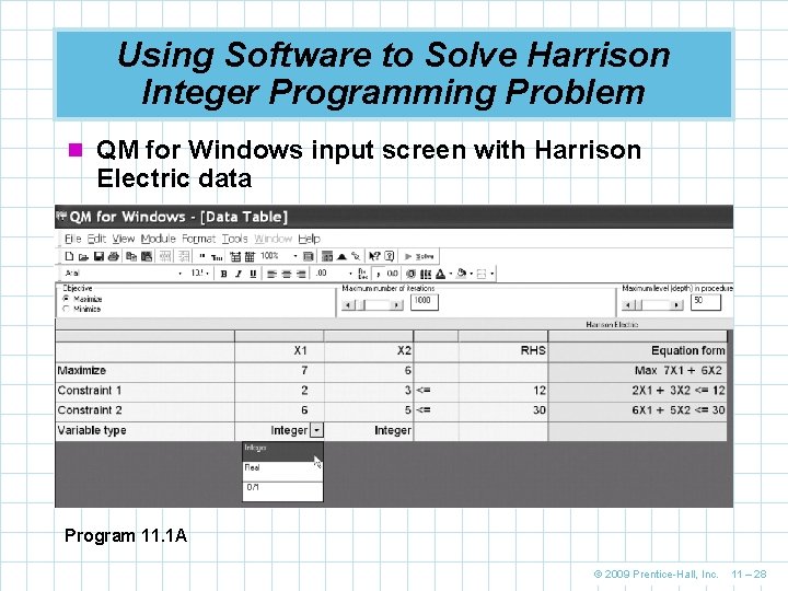 Using Software to Solve Harrison Integer Programming Problem n QM for Windows input screen