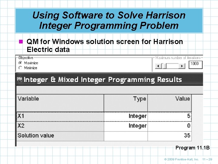 Using Software to Solve Harrison Integer Programming Problem n QM for Windows solution screen