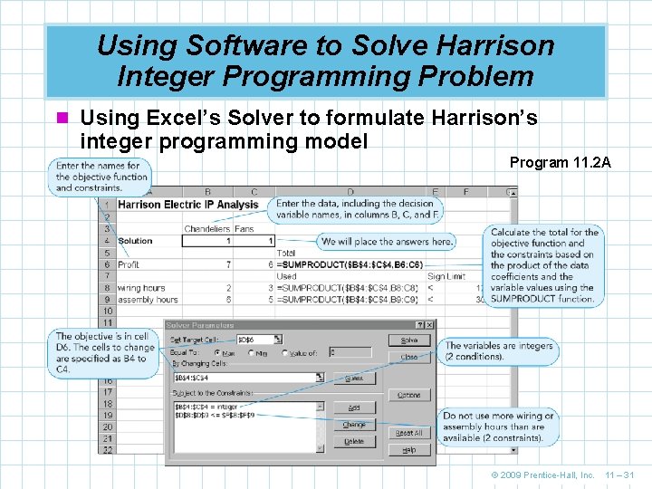 Using Software to Solve Harrison Integer Programming Problem n Using Excel’s Solver to formulate