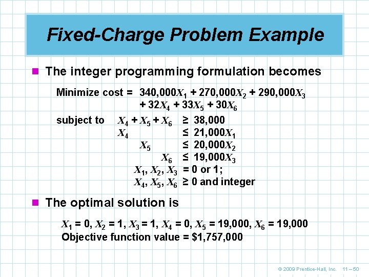 Fixed-Charge Problem Example n The integer programming formulation becomes Minimize cost = 340, 000