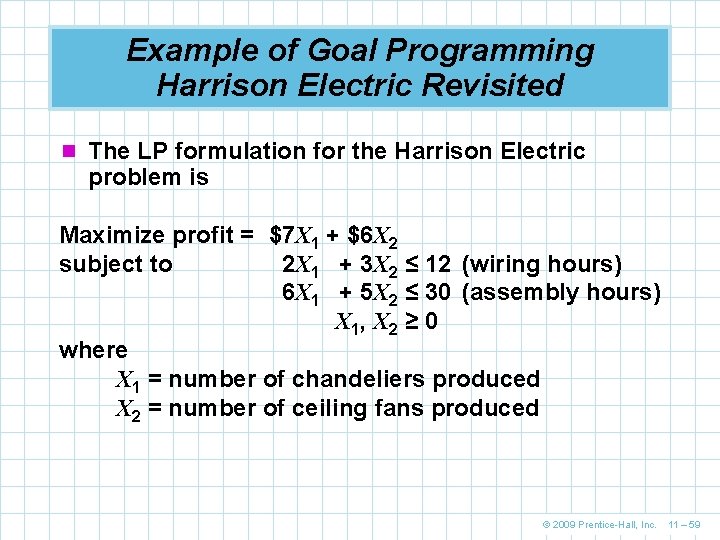 Example of Goal Programming Harrison Electric Revisited n The LP formulation for the Harrison