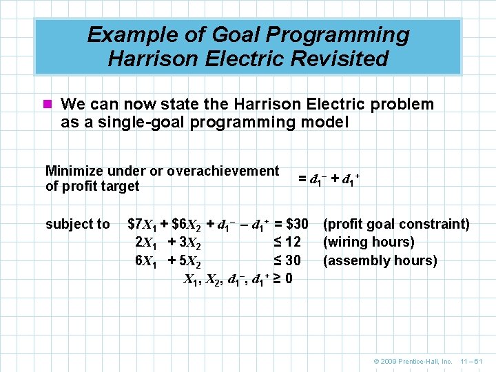 Example of Goal Programming Harrison Electric Revisited n We can now state the Harrison