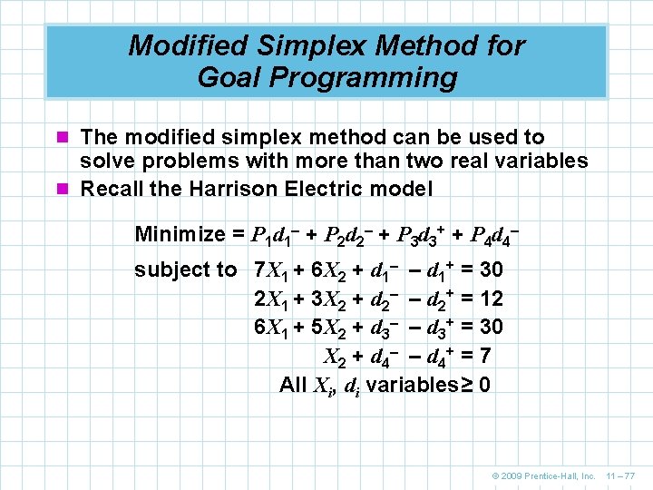 Modified Simplex Method for Goal Programming n The modified simplex method can be used