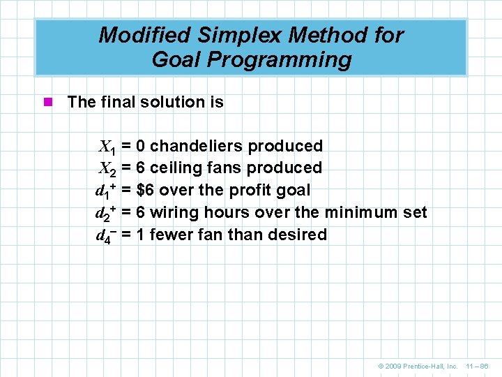 Modified Simplex Method for Goal Programming n The final solution is X 1 =