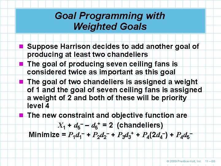 Goal Programming with Weighted Goals n Suppose Harrison decides to add another goal of