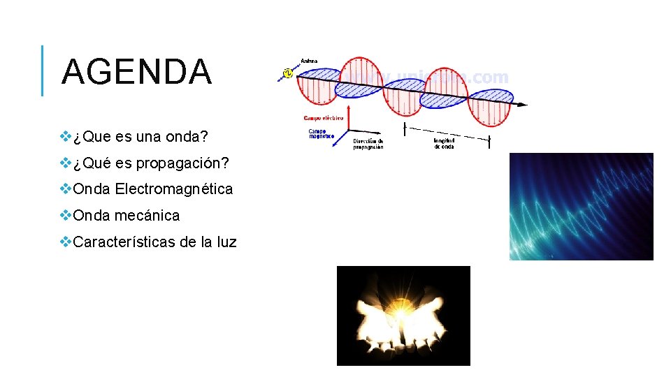 AGENDA v¿Que es una onda? v¿Qué es propagación? v. Onda Electromagnética v. Onda mecánica AGENDA v¿Que es una onda? v¿Qué es propagación? v. Onda Electromagnética v. Onda mecánica