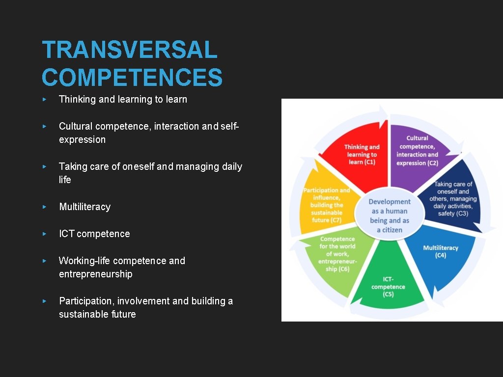 TRANSVERSAL COMPETENCES ▸ Thinking and learning to learn ▸ Cultural competence, interaction and selfexpression