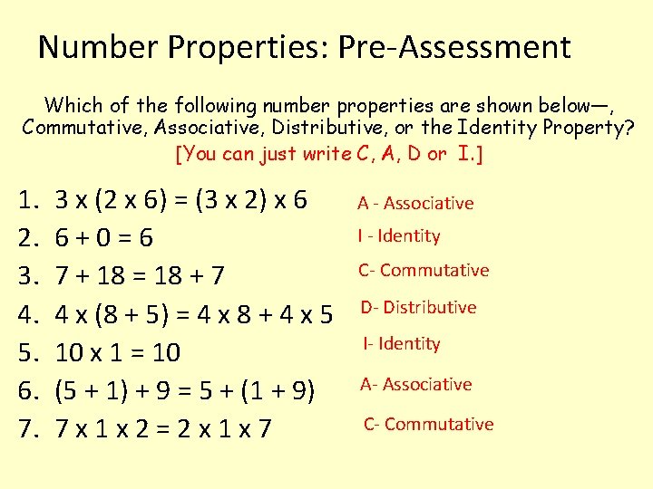 Number Properties: Pre-Assessment Which of the following number properties are shown below—, Commutative, Associative,