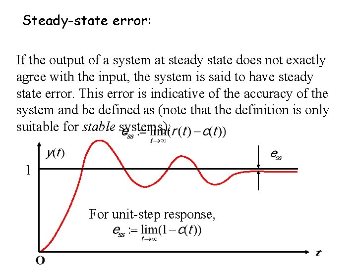 Steady-state error: If the output of a system at steady state does not exactly Steady-state error: If the output of a system at steady state does not exactly