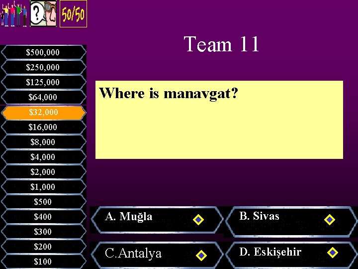 Team 11 $500, 000 $250, 000 $125, 000 $64, 000 Where is manavgat? $32,