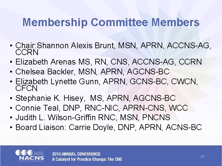 Membership Committee Members • Chair: Shannon Alexis Brunt, MSN, APRN, ACCNS-AG, CCRN • Elizabeth