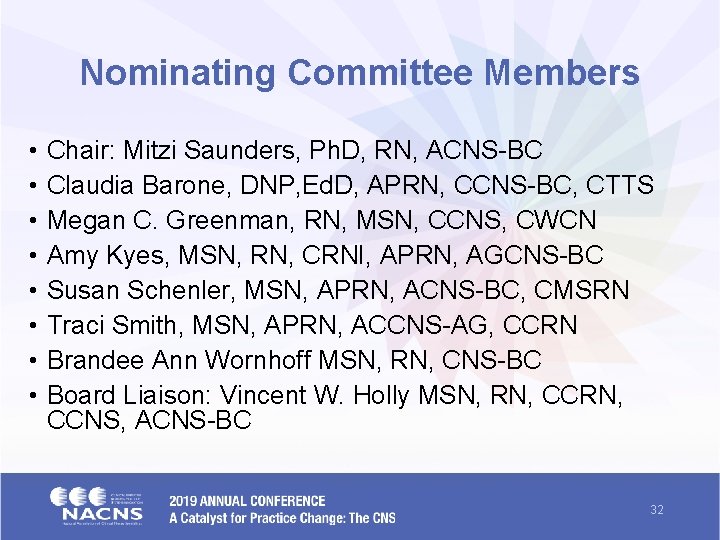 Nominating Committee Members • • Chair: Mitzi Saunders, Ph. D, RN, ACNS-BC Claudia Barone,