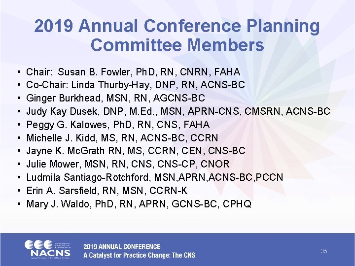2019 Annual Conference Planning Committee Members • • • Chair: Susan B. Fowler, Ph.