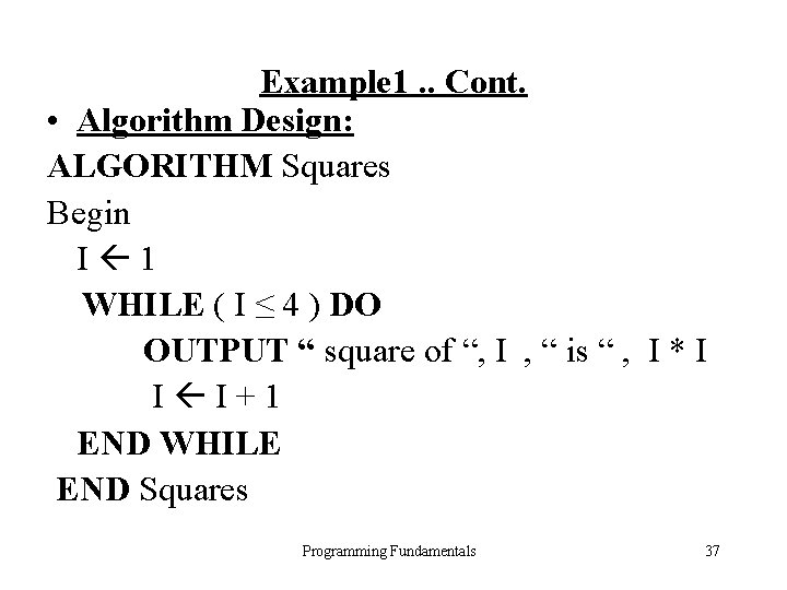 Example 1. . Cont. • Algorithm Design: ALGORITHM Squares Begin I 1 WHILE (