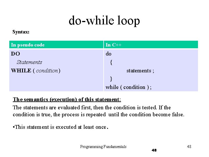 do-while loop Syntax: In pseudo code In C++ DO Statements WHILE ( condition) do