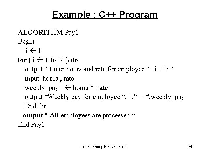 Example : C++ Program ALGORITHM Pay 1 Begin i 1 for ( i 1