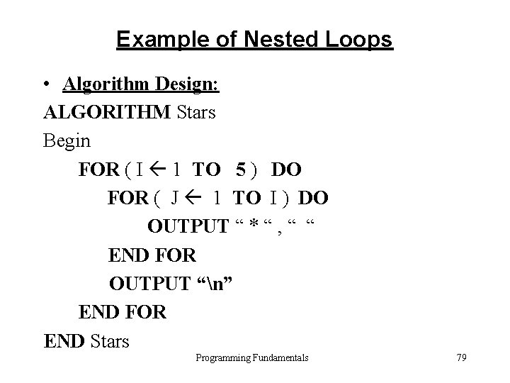 Example of Nested Loops • Algorithm Design: ALGORITHM Stars Begin FOR ( I 1