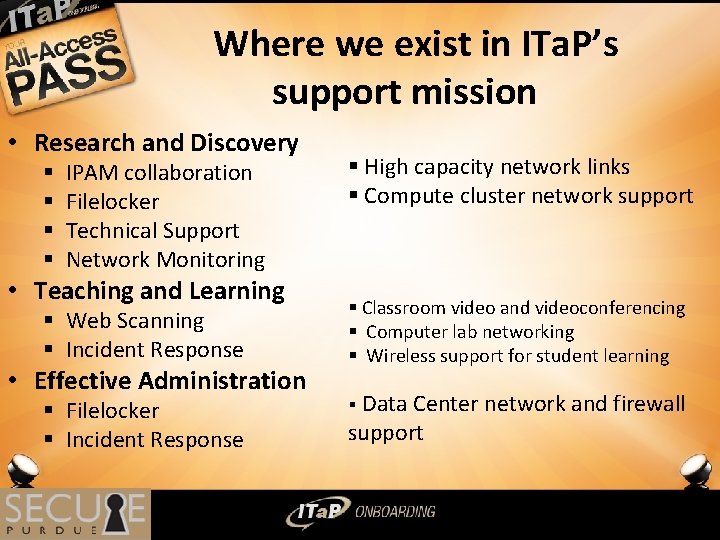 Where we exist in ITa. P’s support mission • Research and Discovery § §