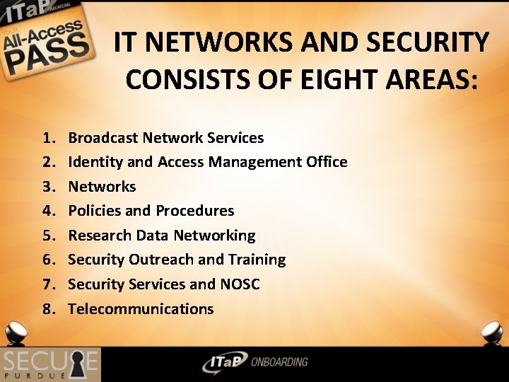 IT NETWORKS AND SECURITY CONSISTS OF EIGHT AREAS: 1. 2. 3. 4. 5. 6.