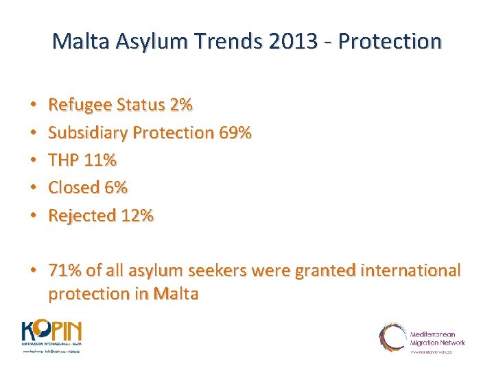Malta Asylum Trends 2013 - Protection • • • Refugee Status 2% Subsidiary Protection
