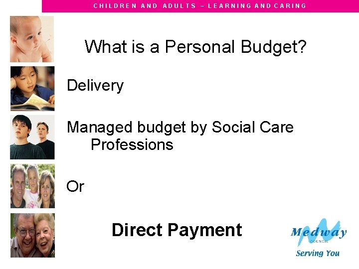 CHILDREN AND ADULTS – LEARNING AND CARING What is a Personal Budget? Delivery Managed