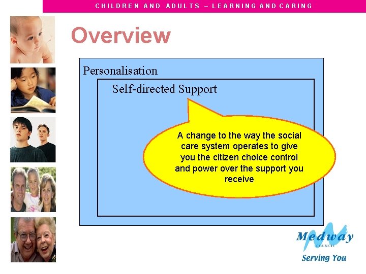 CHILDREN AND ADULTS – LEARNING AND CARING Overview Personalisation Self-directed Support A change to