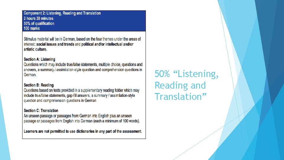 50% “Listening, Reading and Translation” 