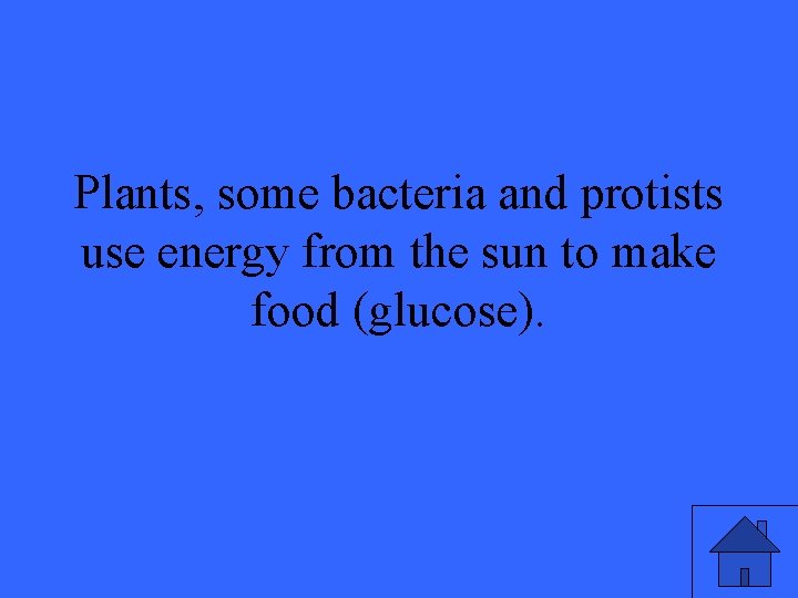Plants, some bacteria and protists use energy from the sun to make food (glucose).