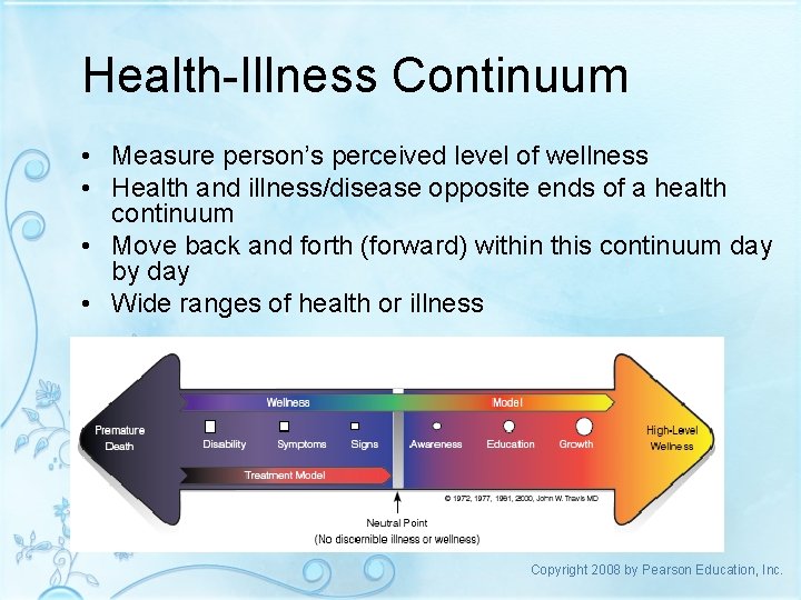 Health-Illness Continuum • Measure person’s perceived level of wellness • Health and illness/disease opposite