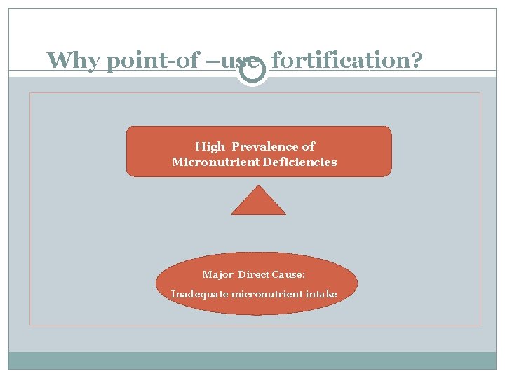 Why point-of –use fortification? High Prevalence of Micronutrient Deficiencies – Major Direct Cause: Inadequate