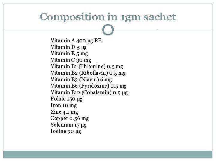 Composition in 1 gm sachet Vitamin A 400 μg RE Vitamin D 5 μg