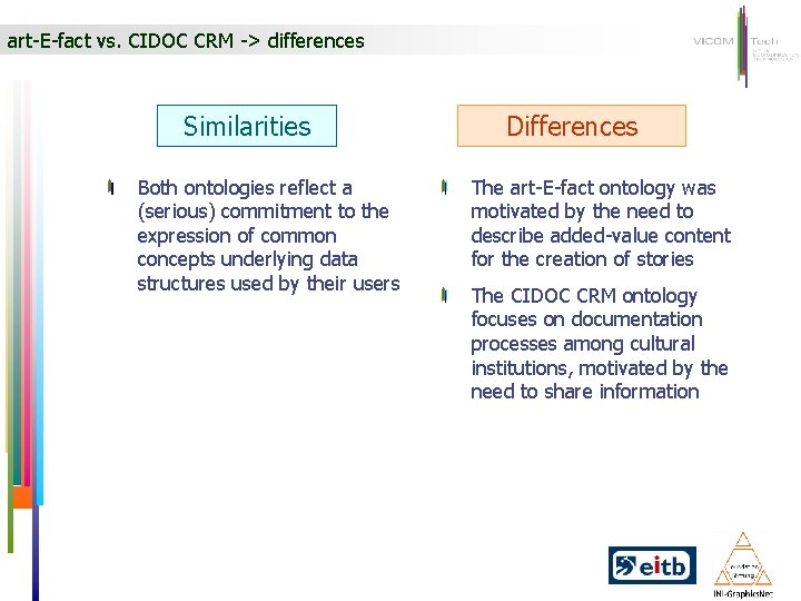 art-E-fact vs. CIDOC CRM -> differences Similarities Both ontologies reflect a (serious) commitment to