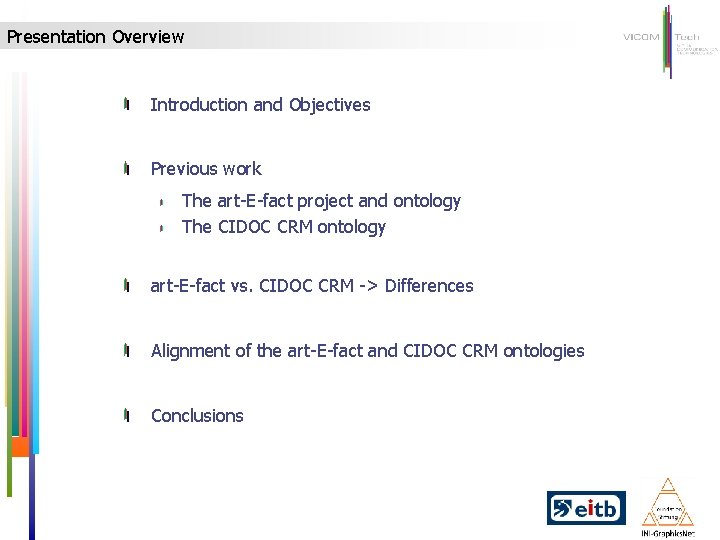 Presentation Overview Introduction and Objectives Previous work The art-E-fact project and ontology The CIDOC