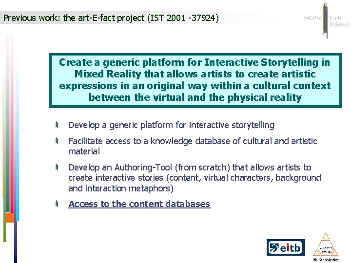 Previous work: the art-E-fact project (IST 2001 -37924) Create a generic platform for Interactive