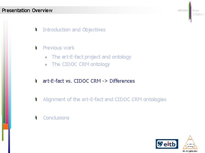 Presentation Overview Introduction and Objectives Previous work The art-E-fact project and ontology The CIDOC