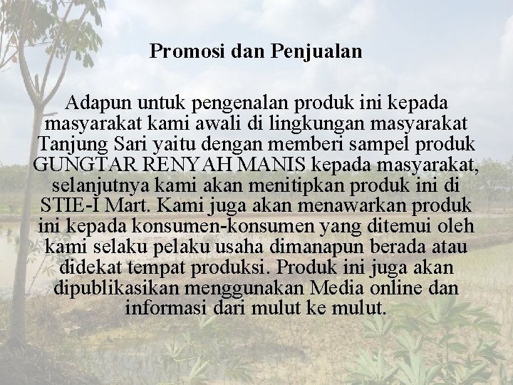 Promosi dan Penjualan Adapun untuk pengenalan produk ini kepada masyarakat kami awali di lingkungan