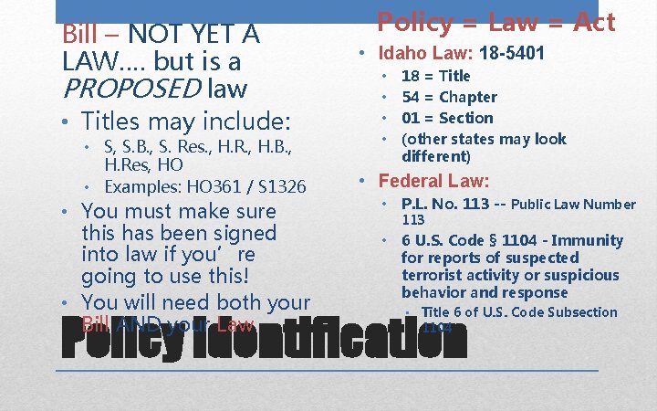 Bill – NOT YET A LAW…. but is a PROPOSED law • Titles may