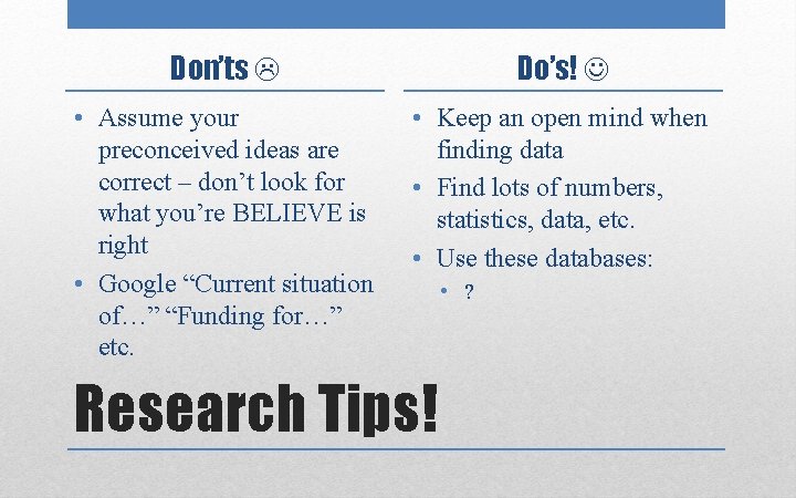 Don’ts Do’s! • Assume your preconceived ideas are correct – don’t look for what