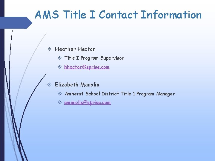 AMS Title I Contact Information Heather Hector Title I Program Supervisor hhector@sprise. com Elizabeth