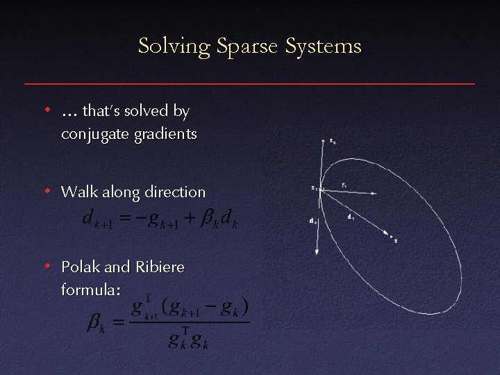 Solving Sparse Systems • … that’s solved by conjugate gradients • Walk along direction