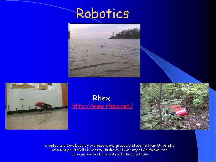 Robotics Rhex http: //www. rhex. net/ Created and Developed by professors and graduate students