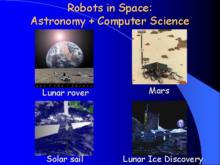 Robots in Space: Astronomy + Computer Science Lunar rover Solar sail Mars Lunar Ice