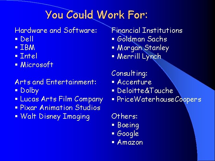 You Could Work For: Hardware and Software: § Dell § IBM § Intel §