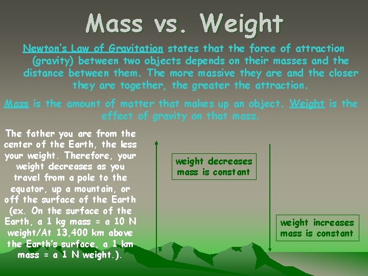 Mass vs. Weight Newton’s Law of Gravitation states that the force of attraction (gravity)