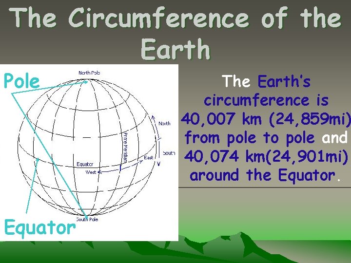 The Circumference of the Earth Pole Equator The Earth’s circumference is 40, 007 km