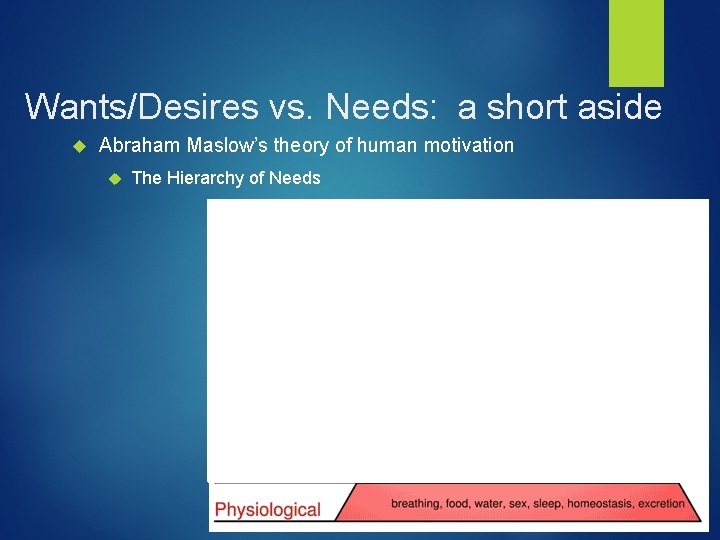 Wants/Desires vs. Needs: a short aside Abraham Maslow’s theory of human motivation The Hierarchy