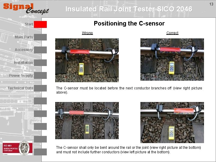 Insulated Rail Joint Tester SICO 2046 Positioning the C-sensor Start Wrong Correct Main Parts