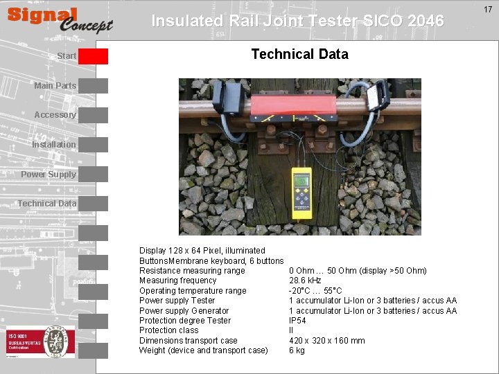 Insulated Rail Joint Tester SICO 2046 Start Technical Data Main Parts Accessory Installation Power