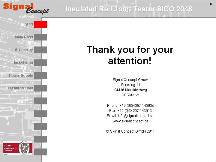 Insulated Rail Joint Tester SICO 2046 Start Main Parts Accessory Installation Thank you for