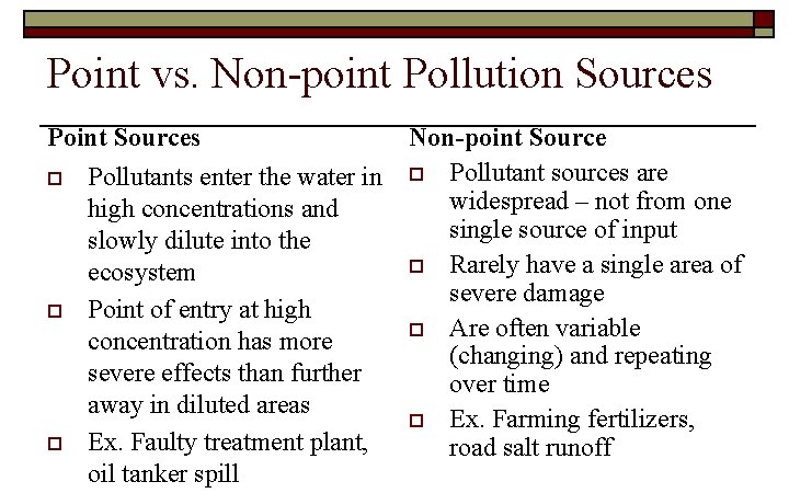 Point vs. Non-point Pollution Sources Point Sources o o o Non-point Source Pollutants enter